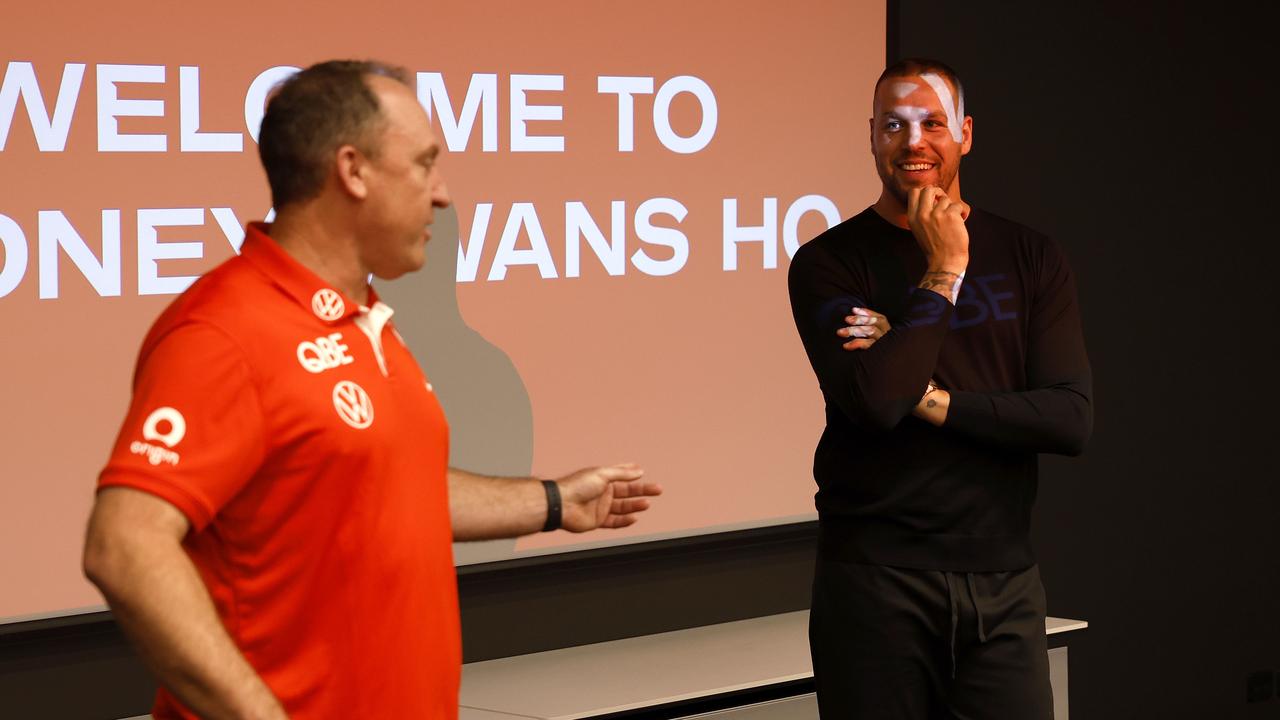 Lance Franklin with John Longmire after announcing his retirement. Picture: Phil Hillyard