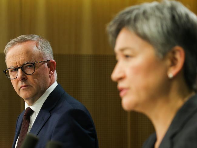 SYDNEY, AUSTRALIA - NewsWire Photos -FEBRUARY 23 2022:The Leader of the Australian Labor Party, Anthony Albanese and Shadow Minister for Foreign Affairs, Penny Wong address the media in a press conference in Sydney. Picture: NCA Newswire/ Gaye Gerard