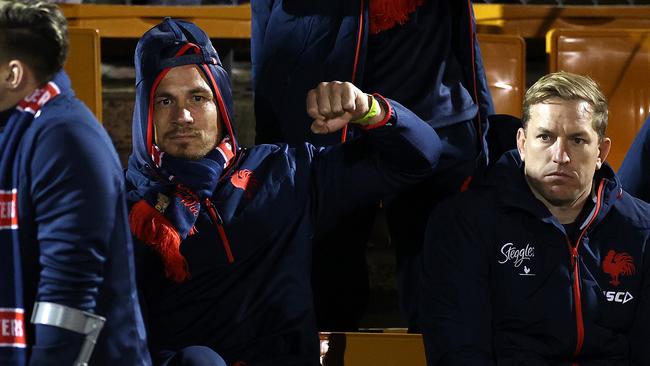 Sonny Bill Williams watching Wests Tigers-Sydney Roosters clash from the bench. Picture: Phil Hillyard