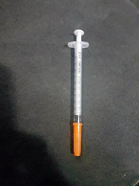 The used syringe Trysten Devine, 14, injected himself with after taking it from the Gympie Hospital's sharps container. Picture: Contributed