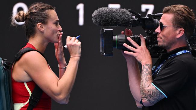 Belarus' Aryna Sabalenka blows a kiss for the camera after victory against Ukraine's Lesia Tsurenko Picture: AFP