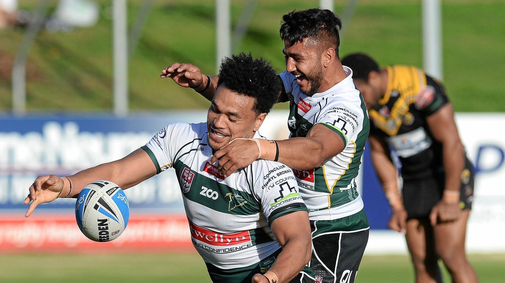 Huskie Teutau celebrates a rare try during the Jets' win over the Sunshine Coast Falcons last weekend. Picture: Rob Williams