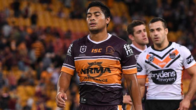 Anthony Milford reacts following the Broncos’ loss to Wests Tigers at Suncorp Stadium. Picture: AAP