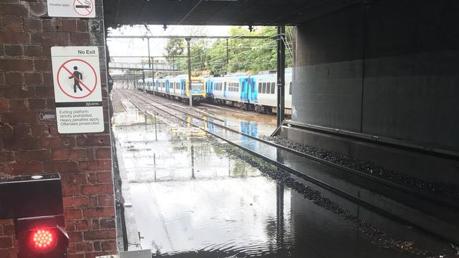 Trains were delayed after flash flooding between Burnley and Camberwell stations. Picture: Twitter/@mcpherson_sm