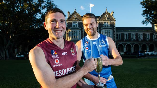 PAOC captain Adam Perryman and SPOC skipper Sam Roberts prepare for the first old collegians’ clash on Prince Alfred’s front oval for more than 50 years. Picture: Morgan Sette