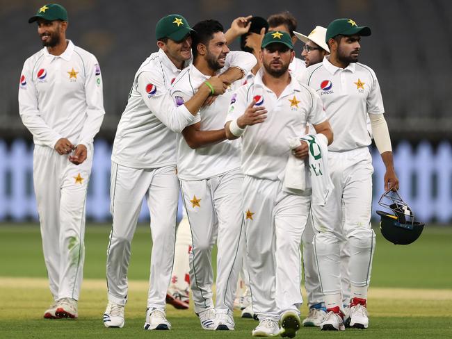 Shaheen Shah Afridi of Pakistan hugs Imran Khan of Pakistan at the conclusion of play during day three of the International Tour match between Australia A and Pakistan at Optus Stadium. Picture: Paul Kane/Getty Images