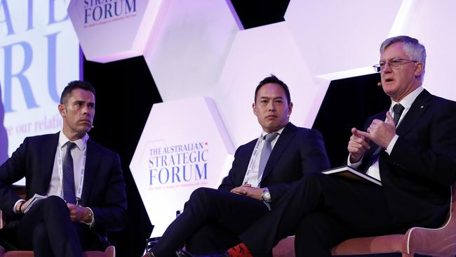 The Australian’s Defence and National Security Editor, Paul Maley, Senior Fellow at US Studies Centre, John Lee and former secretary of the department of Prime Minister and Cabinet, Martin Parkinson speaking at The Australian’s Strategic Forum. Picture: Nikki Short