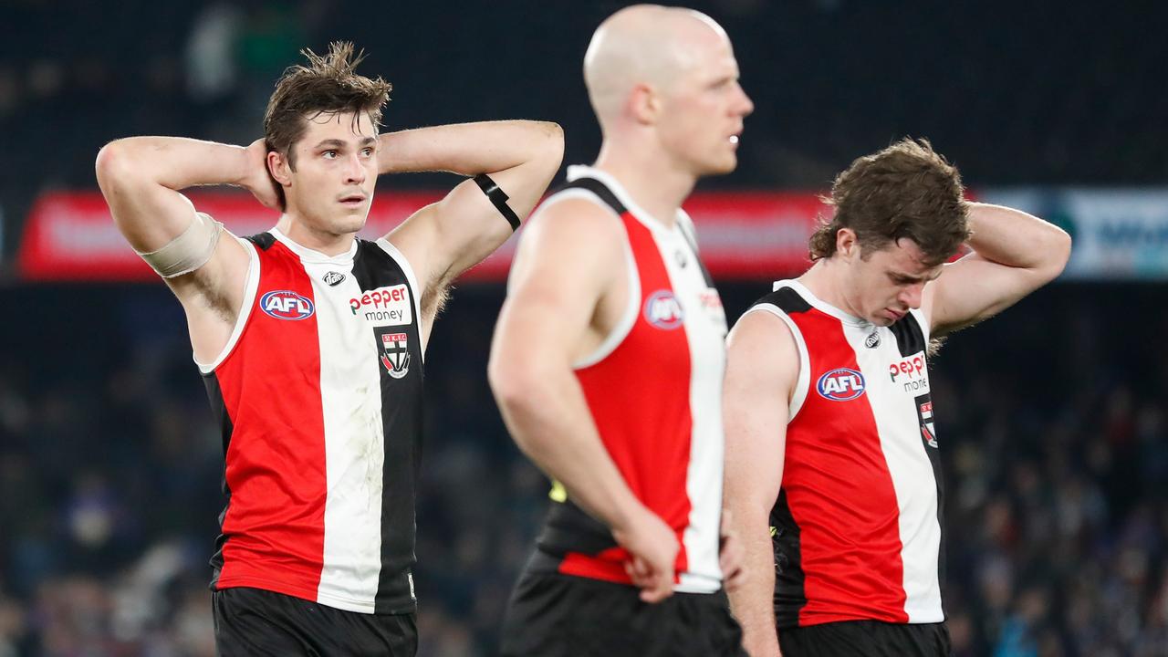 MELBOURNE, AUSTRALIA - JULY 09: Jack Steele of the Saints looks dejected after a loss during the 2022 AFL Round 17 match between the St Kilda Saints and the Fremantle Dockers at Marvel Stadium on July 09, 2022 in Melbourne Australia. (Photo by Michael Willson/AFL Photos via Getty Images)