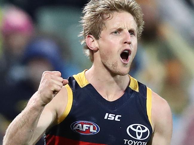ADELAIDE, AUSTRALIA - JULY 07:  Rory Sloane of the Crows celebrates a goal during the round 16 AFL match between the Adelaide Crows and the Western Bulldogs at Adelaide Oval on July 7, 2017 in Adelaide, Australia.  (Photo by Ryan Pierse/Getty Images)