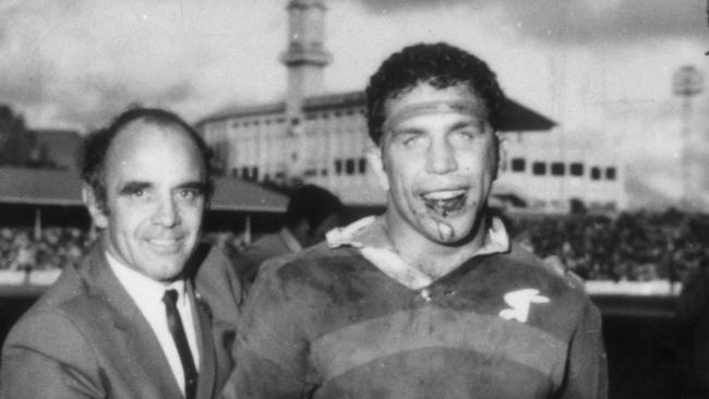 Coach Clive Churchill (L) and captain John Sattler after Souths defeated Manly in 1970 first grade grand final at the SCG in Sydney, 09/1970. Pic News Limited.