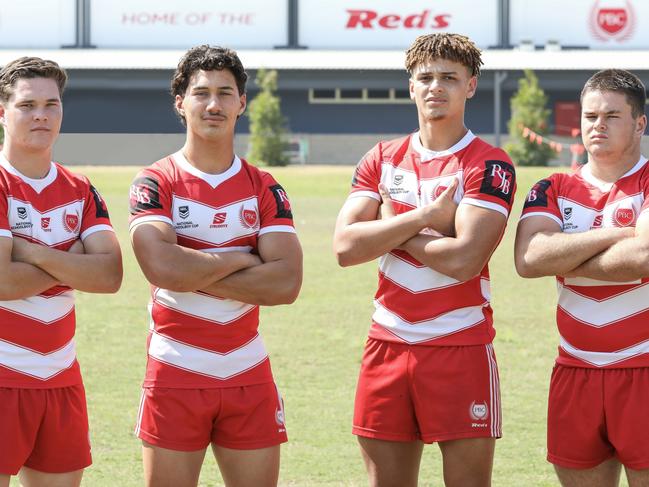 Palm Beach Currumbin SHS players Zane Harrison, Sunny Kama, Jac Finigan and Isaac Harrison ahead of the 2024 NRL National Schoolboys final. Picture: Palm Beach Currumbin.