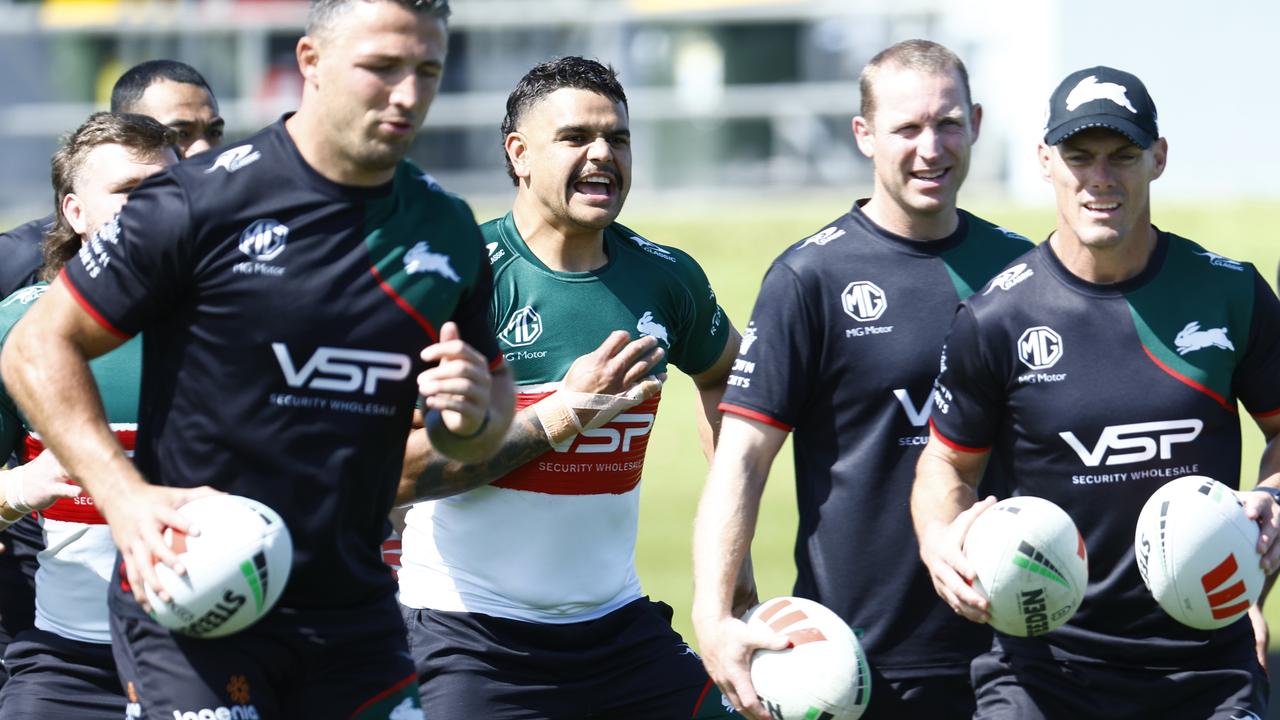 South Sydney Rabbitohs player Latrell Mitchell gets vocal during a captain's run training session. Picture: Brendan Radke