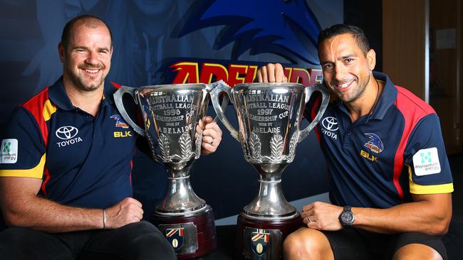 Mark Ricciuto and Andrew McLeod after being announced as Adelaide Football Club Hall of Fame inductees. Picture: Sarah Reed