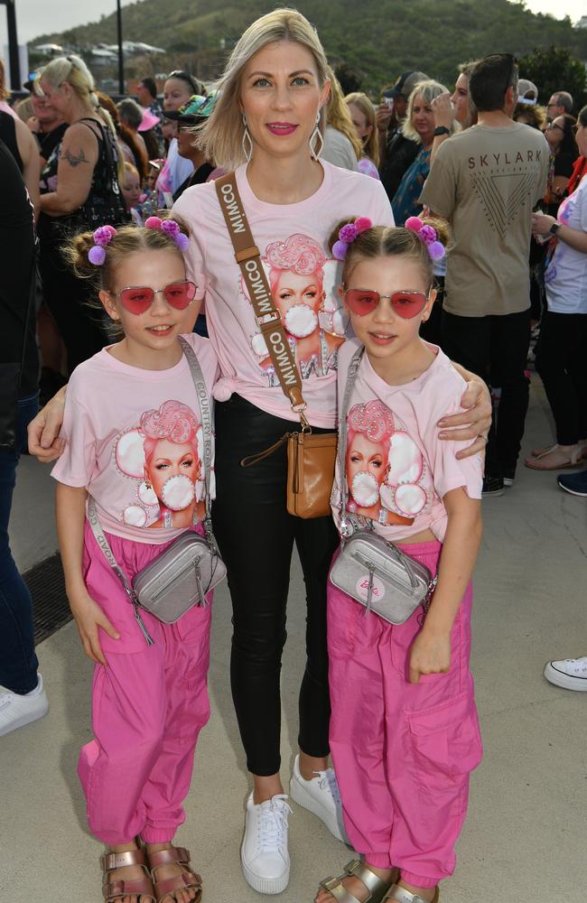 Socials at Pink convert at Townsville's Quensland Country Bank Stadium. Melissa Ottone with Ruby and Abby, 9. Picture: Evan Morgan