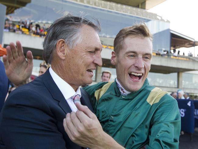 Blake Shinn congratulates winning trainer Peter Snowden. Picture: Jenny Evans