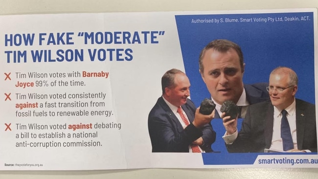 A Smart Voting poster urging the public to consider the impacts of voting for Liberal Party member Tim Wilson.