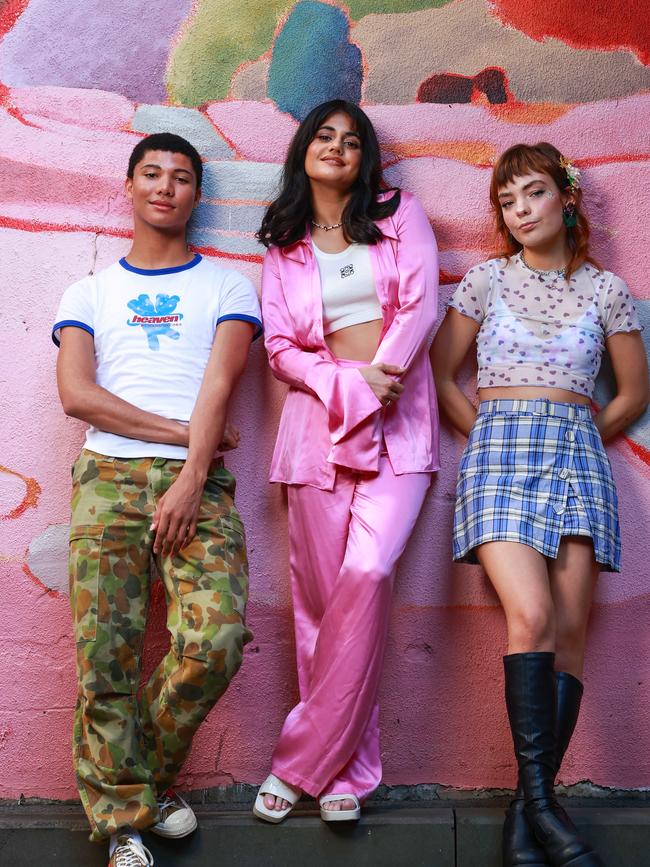 James Majoos (Darren), Ayesha Madon (Amerie), and Chloe Hayden (Quinni), in Sydney, ahead of the Heartbreak High premiere. Picture: Justin Lloyd.