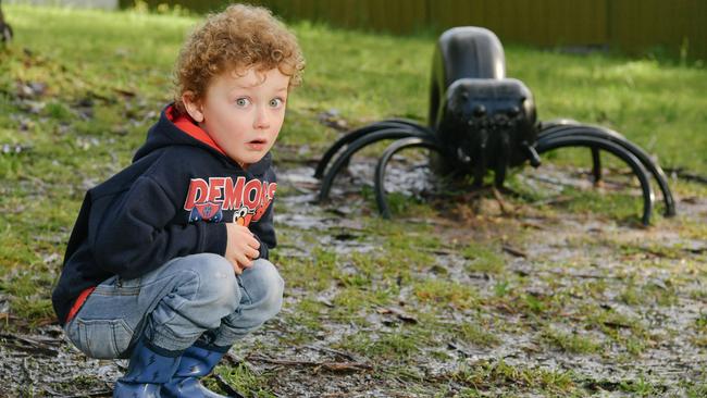 Mitchell, 4, with the new spider sculpture named Webby. Picture: AAP/Morgan Sette