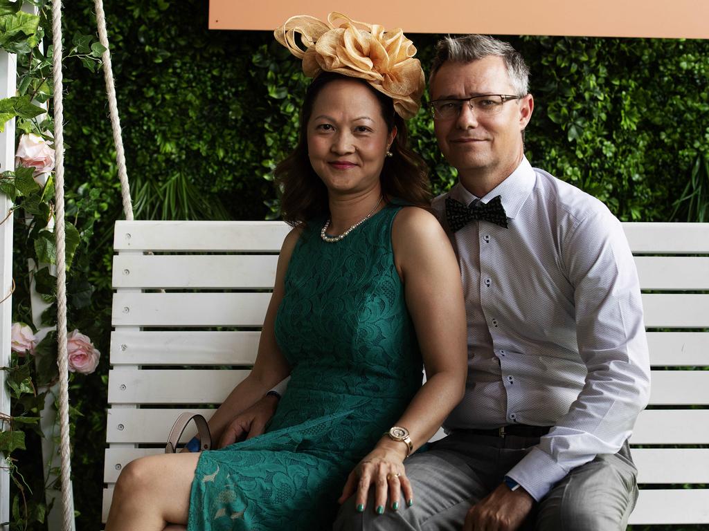 Phuong Le and Dean Harrowell enjoy the 2019 Darwin Cup. Picture: KERI MEGELUS