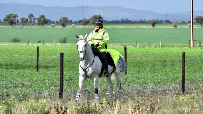 Mounted police search the roadside along Horrocks Hwy, Roseworthy, for any clues to the disappearance of Tanja Ebert. Picture: Bianca De Marchi