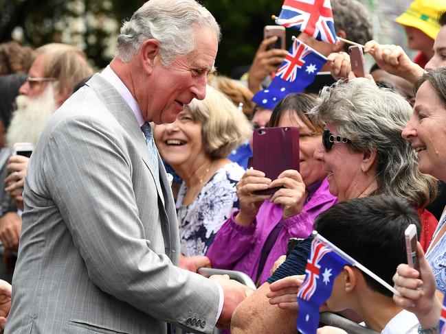 (FILES) Prince Charles is greeted by members of the public during a visit to Brisbane on April 4, 2018. King Charles III this week begins his first tour of Australia as monarch, reigniting debate about whether the country should sever ties with the British monarchy and become a republic. (Photo by DAN PELED / POOL / AFP)