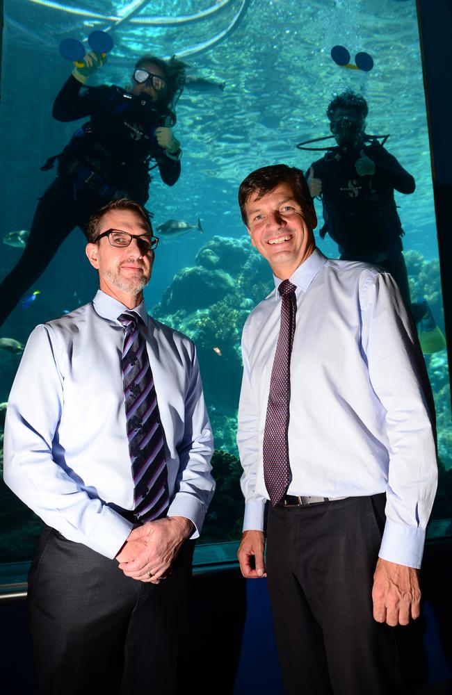 2016: In 2016 a 10 year Federal funding commitment was announced for the Great Barrier Reef Marine Park Authority. (L) GBRMPA acting chairman Bruce Elliot with Federal MP Angus Taylor (R).