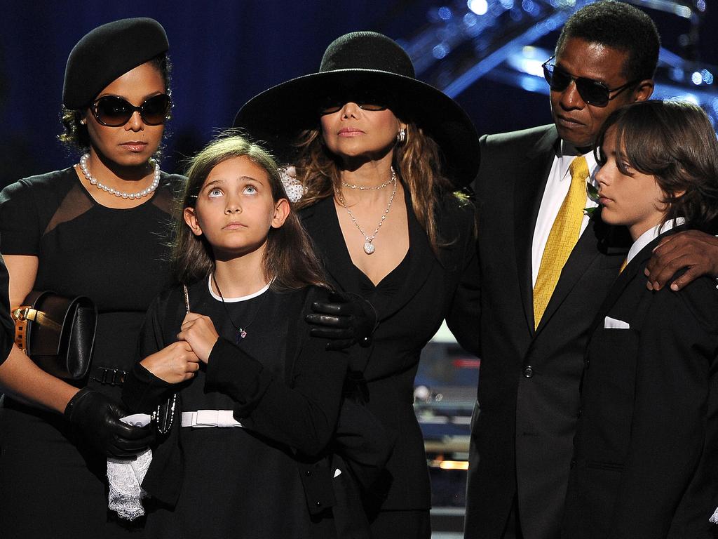 Janet Jackson, Paris Jackson, LaToya Jackson, Jermaine Jackson and Prince Michael Jackson at Michael Jackson’s memorial service in 2009. Picture: AFP