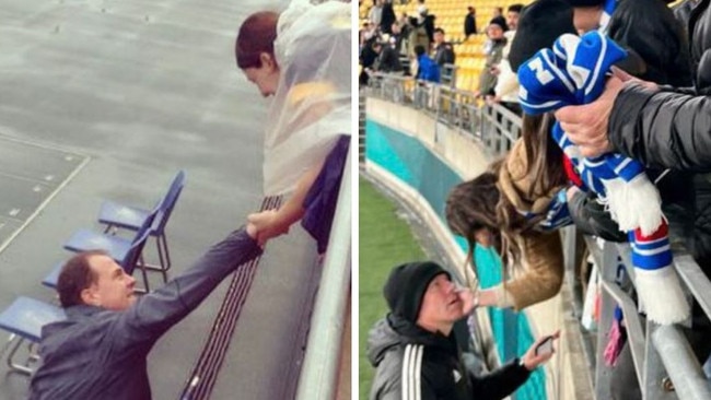 Stajcic celebrates with his wife after leading the Matildas to a 1-0 win against Brazil in 2015, and on the right after Tuesday’s win with the Philippines.