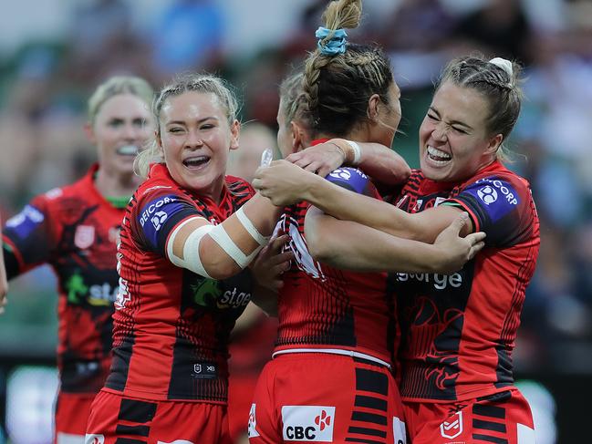 PERTH, AUSTRALIA - FEBRUARY 15: Aaliyah Fasavalu-Faamausili of the Dragons celebrates after scoring a try in the Final during Day 2 of the 2020 NRL Nines at HBF Stadium on February 15, 2020 in Perth, Australia. (Photo by Will Russell/Getty Images)