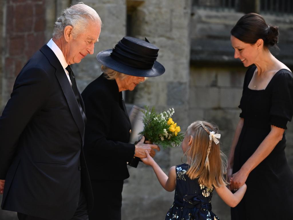 King Charles III and Camilla, Queen Consort receive flowers following a Service of Prayer and Reflection for the Life of The Queen at Llandaff Cathedral. Picture: Getty.