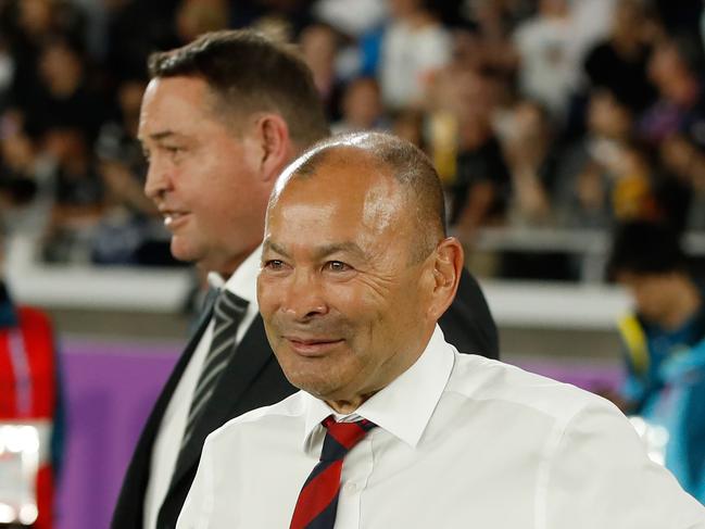 Wallabies head coach Eddie Jones (R) during his team as England boss, with New Zealand's Steve Hansen in the background. Picture: AFP