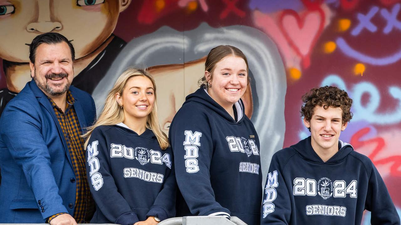 Minlaton District School principal Andrew Dickinson and students Madi-Lee Ryan, Sasha May, and Kalan Modra are happy their school has ranked among the state's top 50 best schools according to Better Education. Picture: Tom Huntley