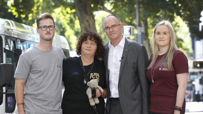 Patrick Cronin’s brother Lucas, parents Robyn and Matt and sister Emma pictured outside the Court of Appeal in 2018 when Andrew Lee sought permission to appeal his eight-year jail sentence for manslaughter. Picture: David Caird