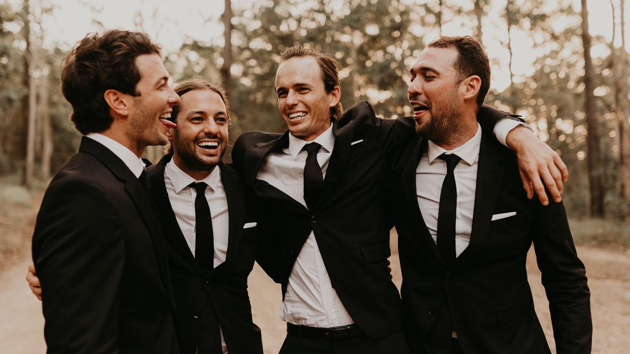Groom Danny Cerneaz and his mates at the wedding. Picture: Graeme Passmore