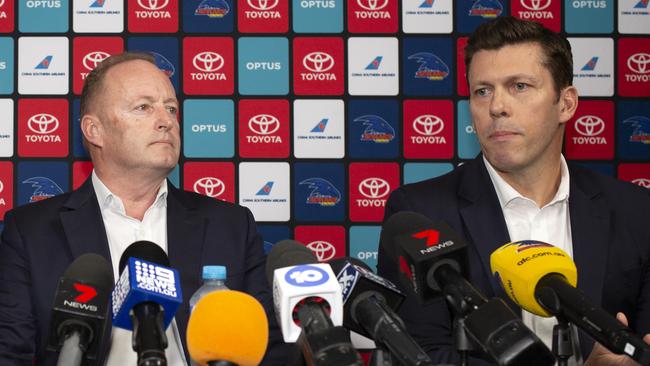 Crows chairman Rob Chapman and CEO Andrew Fagan speaking to the media last year following the resignation of head coach Don Pyke. Picture: AAP/Emma Brasier