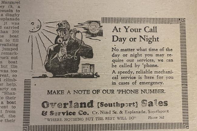 Overland sales and service. Gold Coast Bulletin advertising, 1930