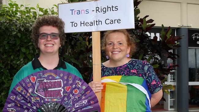 The Cairns trans community and supporting family members protest the State Government's pause on gender therapy including puberty blockers and hormone treatments. Trans boy Matt Seaton, 16 with mum Erin Seaton.  Picture: Arun Singh Mann