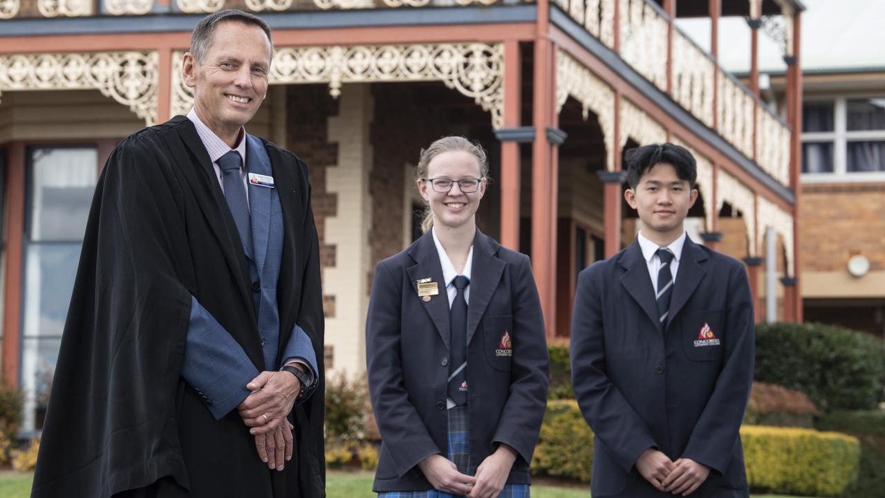 NEW ROLE: Officially installed as head of college at Concordia Lutheran College is Anton Prinsloo (left) with college captain Isabel Barton and Ryan Mak Senior. Pictures: Nev Madsen.