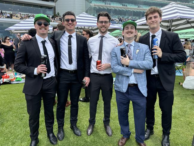 Mitch Whelan, Josh Hassett, Zac Carew, Blake McDougall and Declan Bates at Flemington for Derby Day on November 2, 2024. Picture: Phillippa Butt