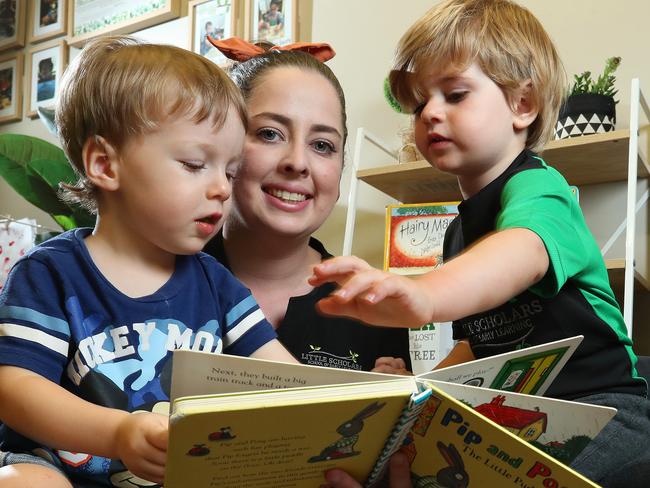 Early childhood teacher Samantha Dougherty with kids Bastien Ward, 2, and Xavier Batty, 2, at Little Scholars, Redland Bay. Photographer: Liam Kidston.