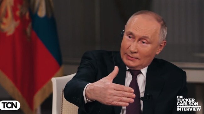 Vladimir Putin lectures Tucker Carlson on The Tucker Nelson Networ. Picture: Tucker Nelson Network