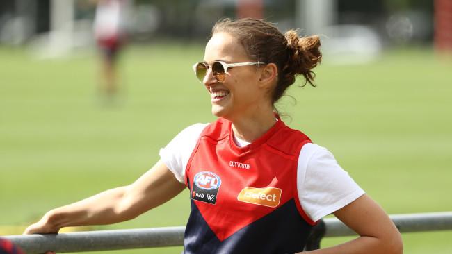 Actress Natalie Portman is seen during a Melbourne Demons AFL training session at Gosch's Paddock. Picture: Robert Cianflone/Getty Images.