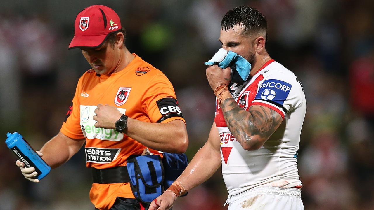SYDNEY, AUSTRALIA - MARCH 18: Jack Bird of the Dragons is taken off the field after a head knock during the round two NRL match between the St George Illawarra Dragons and the Penrith Panthers at Netstrata Jubilee Stadium on March 18, 2022, in Sydney, Australia. (Photo by Jason McCawley/Getty Images)