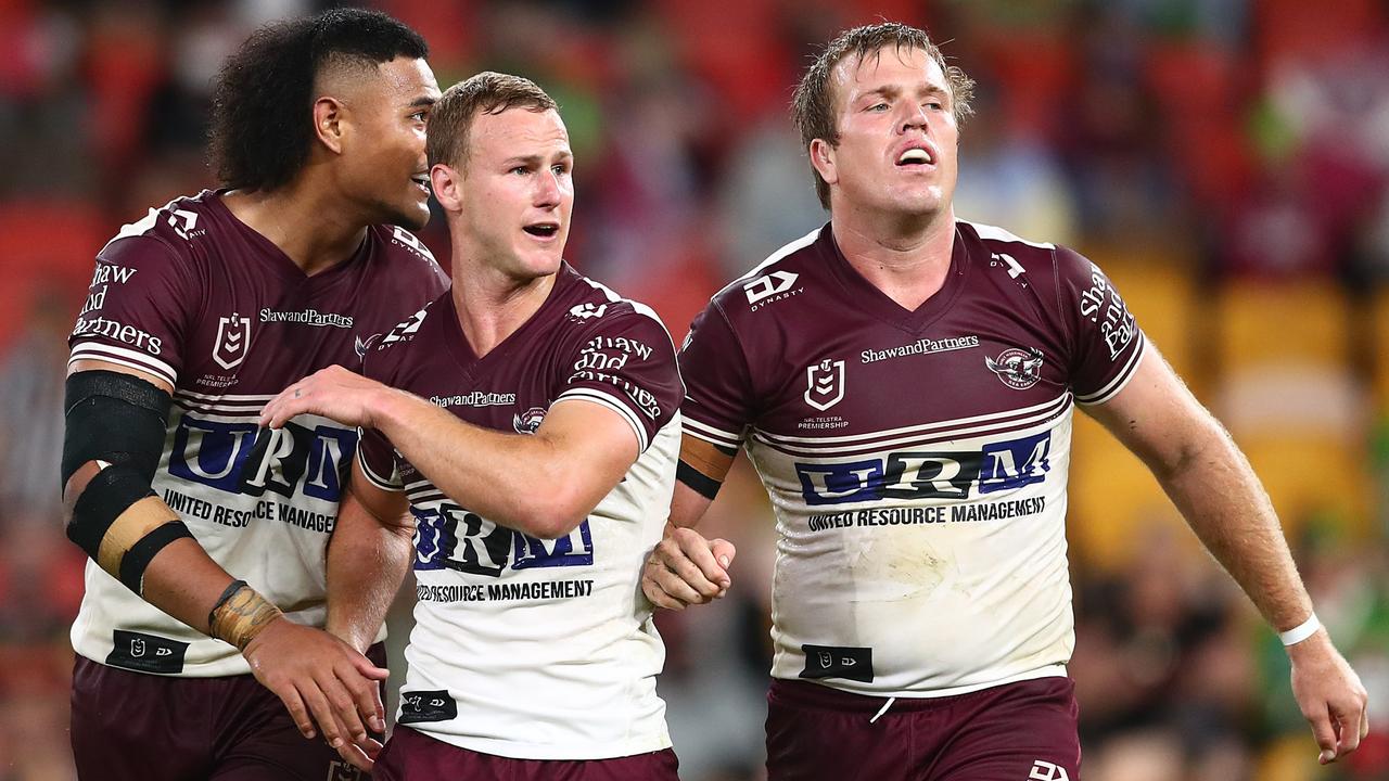 Jake Trbojevic (right) is hoping to come up against Sea Eagles teammate Daly Cherry-Evans in Origin I. Picture: Chris Hyde/Getty Images