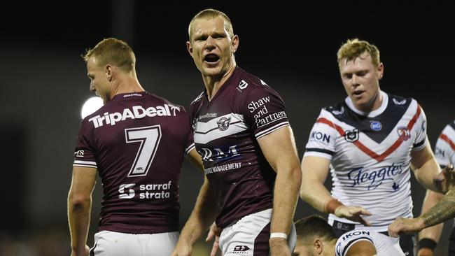 MACKAY, AUSTRALIA - SEPTEMBER 17:  Tom Trbojevic of the Sea Eagles reacts during the NRL Semi-Final match between the Manly Sea Eagles and the Sydney Roosters at BB Print Stadium on September 17, 2021 in Mackay, Australia. (Photo by Matt Roberts/Getty Images)