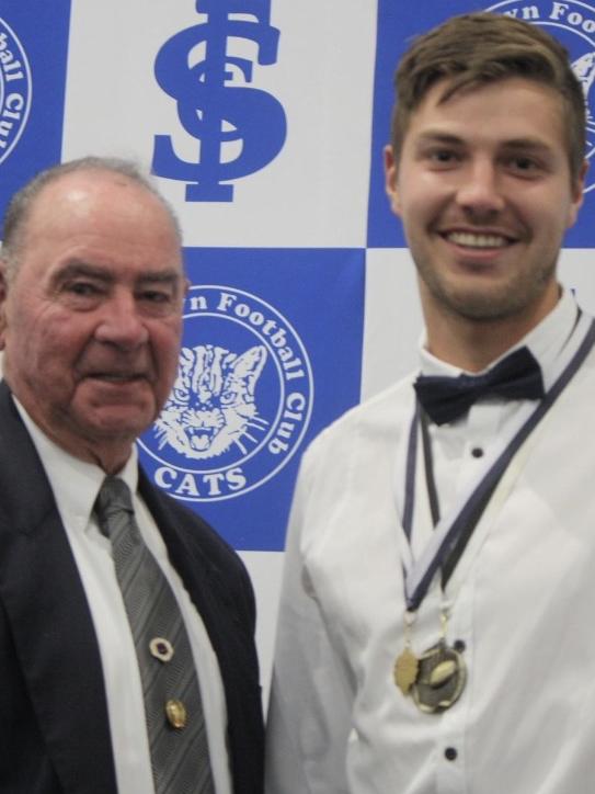 Davey with Max Bickley (father of Mark Bickley) after winning the 2022 Madigan (Mail) Medal. Picture: Supplied