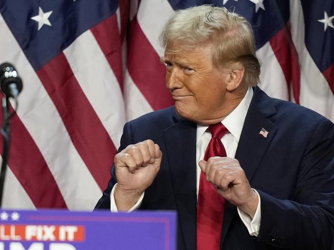 Republican presidential nominee former President Donald Trump dances after speaking at an election night watch party, Wednesday, Nov. 6, 2024, in West Palm Beach, Fla. (AP Photo/Alex Brandon)