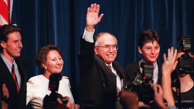 John Howard makes his victory speech at the Wentworth Hotel in Sydney with wife Janette and their children after winning the 1996 federal election. Picture: Graham Crouch