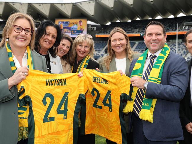 The Premier Jacinta Allen with local politicians, Football Australia chief executive James Johnson and Matilda's Alumni Selin Kuralay at Friday’s announcement. Picture: Alison Wynd