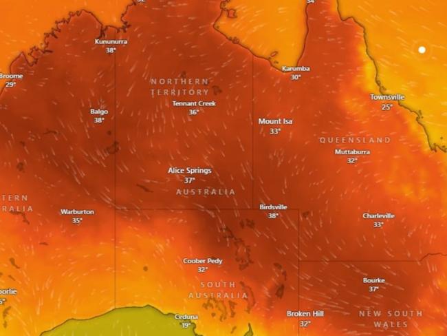 High temperatures are forecast for October 1, the day of the NRL Grand Final, across Sydney and the Northern Territory. Picture: Windy.com